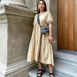 ZARA ASYMMETRIC POPLIN COTTON MIDI DRESS TAN PUFF SLEEVES XS BLOGGER FAVOURITE